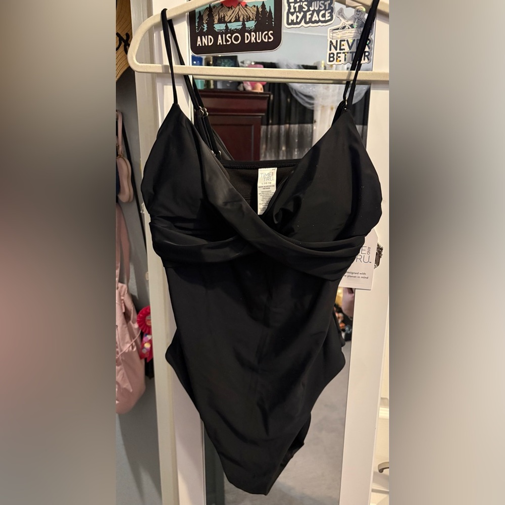339- NWT - 12/14 Time and Tru Black Twist-Front One-Piece Swimsuit